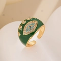 Macro-detail van 18k vergulde boze oog ring met groen email en ingelegde kristallen - Verstelbaar Open / 10114-Groen
