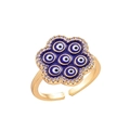 Detailopname van 18k vergulde klaverring met blauw emaille evil eye en zirkonia steentjes - Verstelbaar Open / 10116-Blauw