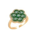 Dettaglio anello a quadrifoglio in oro 18k con malocchio verde e cristalli lucidi - Aperto Regolabile / 10116-Verde