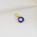 Macro shot of 18K gold-plated Evil Eye pendant with blue enamel and teardrop bail detail - Round Dark Blue Base Classic Eye Pendant (03)