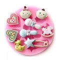 Pink silicone baby mold with rocking horse, bottle, and heart shapes for cake decorating - Baby Face Heart Pattern (4#)