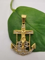 Macro shot of gold-plated anchor cross pendant with white rhinestones on green leaves - Small 37*46—Without Chain / Gold