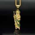 Polished gold plated St. Jude pendant necklace with green crystal accents on black background - Gold St. Jude Green Rhinestone Pendant Only (Without Chain)
