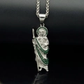 Saint Jude pendant necklace in stainless steel with green rhinestones on black background - Steel Color St. Jude Green Rhinestone Pendant Only (Without Chain)
