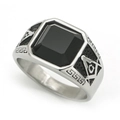 Vintage Freimaurer-Ring aus Edelstahl mit schwarzem Stein und griechischem Muster - US 8 / Stahlfarben