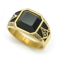 Goldener Freimaurer-Ring mit schwarzem quadratischem Stein und Zirkel-Emblem - US 8 / Gold