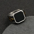 Men's silver Freemason ring with black square stone and golden relief details - US 7 / Two-tone Gold Black Stone