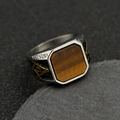 Men's titanium ring with rectangular tiger eye stone and Masonic Freemason symbol - US 7 / Two-tone Gold Tiger Eye