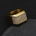 Hip hop gold plated stainless steel ring with micro pave cubic zirconia on dark stone - US 7 / Gold