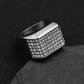 Hip hop silver stainless steel signet ring with full white zircon stones on grey stone - US 7 / Steel