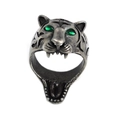 Retro stainless steel tiger head ring with green eyes and antique silver finish - US 7 / Steel