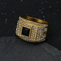 Gold plated ring for men with square black gemstone and white cubic zirconia pave setting - US 7 / Gold + Black Stone
