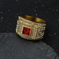 Gold-plated stainless steel men's ring with red square gemstone and micro-pave crystals - US 7 / Gold + Red Stone