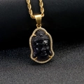 Pendentif tête de Bouddha doré en onyx noir avec des cristaux de zircon brillants - Tête de Bouddha Dorée Pierre Violette (DZ1036)