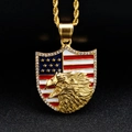 Macro detail of gold eagle shield pendant with US flag enamel and sparkling rhinestones - Shield Eagle Style / Gold - Pendant Only (Without Chain)