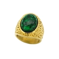 Vintage gold viking ring featuring an oval green gemstone with retro embossed patterns - US 7 / Gold + Green Stone