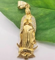 Detail of gold-plated Virgin Mary pendant with inlaid rhinestones on a green leaf - Pendant Only / Gold