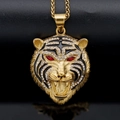 Hip hop gold plated stainless steel tiger head pendant with red eyes and white diamonds - Gold Tiger Head - Red Eyes (Pendant Only (Without Chain))