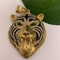 Gold-plated hip hop tiger pendant with sparkling white crystals and green stone eyes - Gold Tiger Head - Green Eyes (Pendant Only (Without Chain))