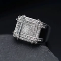 Luxurious hip-hop square ring in silver finish with full micro-pave crystals on stone - US 7 / Steel
