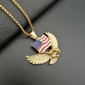 Gold plated hip hop eagle pendant necklace with US flag enamel on black leather surface - Gold Pendant Only