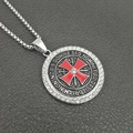 Close-up of Knights Templar pendant with red cross and Latin inscription on box chain - Steel Rhinestone (Pendant Only)
