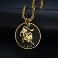Macro view of Leo zodiac coin pendant with black enamel and gold rope chain - Leo Pendant Only (Without Chain)