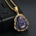 Golden Laughing Buddha necklace with purple cat eye stone and sparkling crystals - Purple