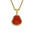 Gold twisted rope chain necklace with a red laughing Buddha pendant and rhinestone detail - Red