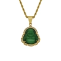 Gold stainless steel Laughing Buddha pendant with green cat's eye stone and white crystals - Green