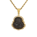 Golden Laughing Buddha necklace with grey cat eye stone and sparkling zircon frame - Black