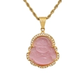 Gold-plated Laughing Buddha necklace with pink stone inlay and sparkling zircon border - Pink