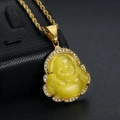 Laughing Buddha pendant in yellow faux jade with gold-plated rhinestone frame - Yellow