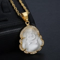 Detail view of gold rope chain necklace with a crystal-encrusted Maitreya Buddha pendant - Maitreya Buddha Pendant Only (Without Chain) / White