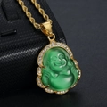 Colgante de Buda sonriente de ojo de gato verde con cristales en cadena de cuerda dorada - Verde (Colgante Solamente (Sin Cadena))