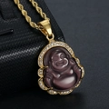 Colgante de Buda sonriente de ojo de gato púrpura con marco dorado y cristales brillantes - Solo Colgante (Sin Collar) - Púrpura