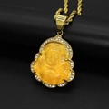 Macro shot of 316 stainless steel Laughing Buddha pendant with yellow jade and rhinestones - Yellow