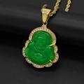 Green jade Buddha pendant necklace in gold stainless steel frame with sparkling crystals - Green
