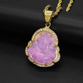 Purple chalcedony Maitreya Buddha pendant with sparkling crystals and gold rope chain - Purple