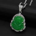 Groene chalcedoon Maitreya Boeddha hanger in zilver roestvrij staal met witte strassteentjes - Groen