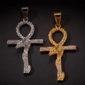 Gouden en zilveren Ankh-kruis hangers met slangontwerp en strassteentjes op zwarte basis - Staalkleur (Alleen Hanger)
