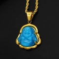 Collier en acier inoxydable plaqué or avec pendentif Bouddha rieur en œil de chat bleu - Pendentif Seul (Sans Chaîne) / Bleu lac