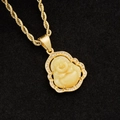 Detail of a gold-plated Laughing Buddha pendant with crystal halo on a gold rope chain - Gold and Dark Yellow
