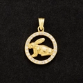 Detailed macro view of a gold-plated circular pendant featuring a rabbit and crystals - Rabbit (Pendant Only Without Chain)