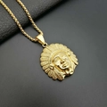 Gold plated hip hop necklace featuring a detailed Indian chief pendant on black leather - Gold Only (Without Chain)