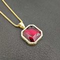 Hip hop gold plated necklace with square ruby pendant and sparkling diamond halo - Red Stone Pendant Only (Without Chain)
