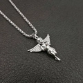 Iced out silver angel pendant necklace with micro paved zircon on black leather background - Pendant Only (Without Chain) - Silver Color