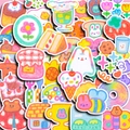 Cute cartoon strawberry cat stickers set for laptops and DIY scrapbooking in bright colors - Crayon Hand-Painted Patterns