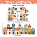 Détails des stickers muraux maison bohème avec dimensions et guide de placement - Ensemble Sticker Mural Bâtiment & Nuage