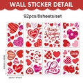 Set of 92 Valentine heart wall stickers across 8 sheets with multiple romantic patterns - 92 Stickers / Red (20*30cm*8 Sheets)